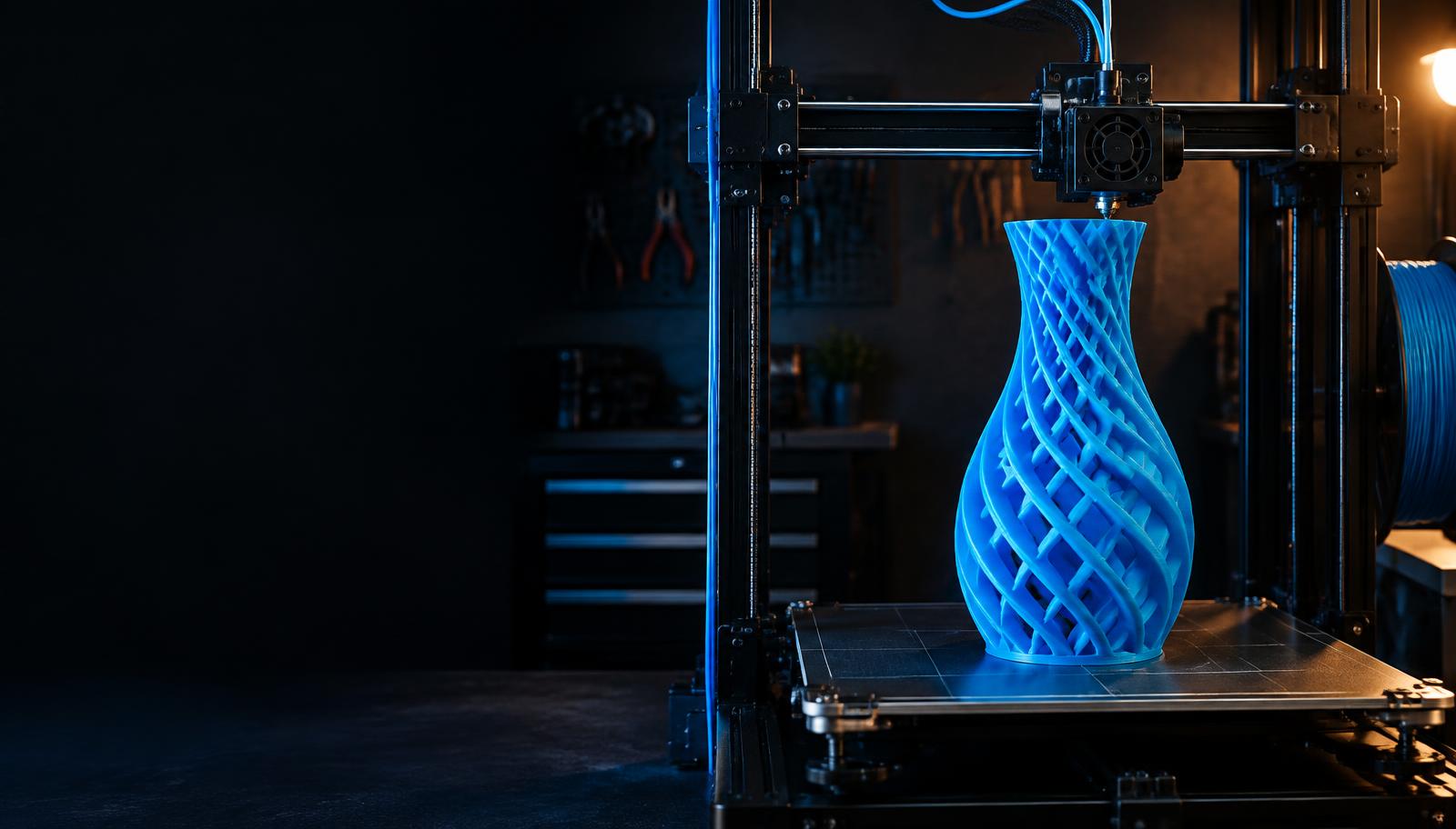 Impressora 3D produzindo um vaso azul — imagem ilustrativa